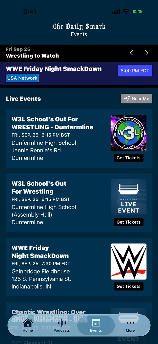 The Daily Smark events tab on iPhone and Android, showing WWE Friday Night SmackDown on USA Network above live events in Dunfermline, Scotland, and Indianapolis, Indiana, with Get Tickets buttons.