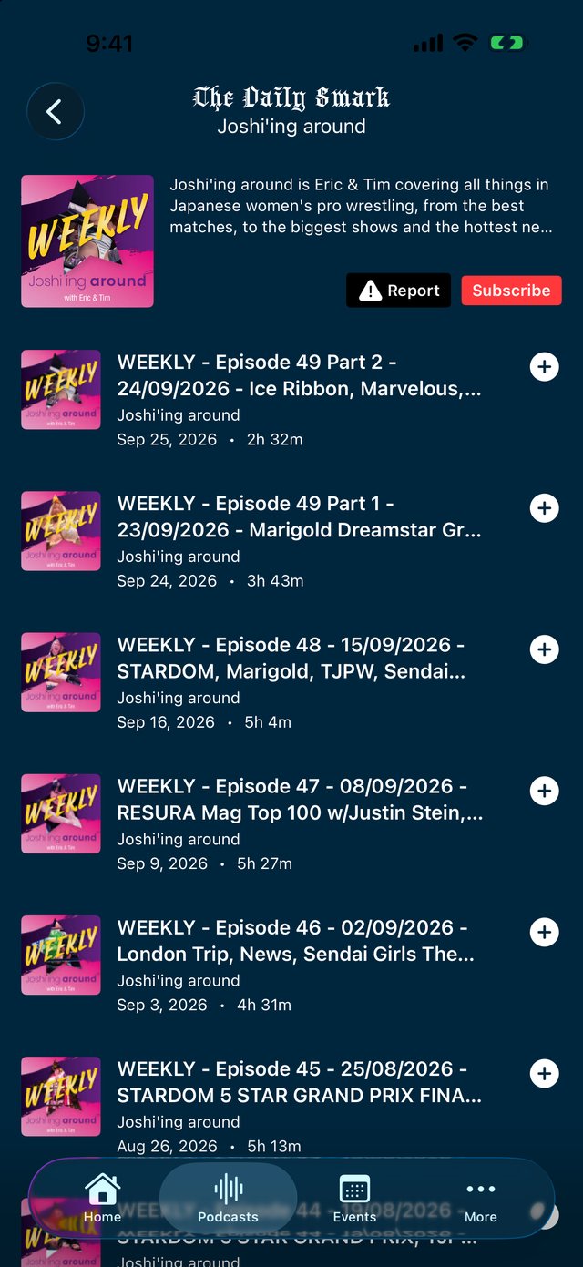 The Joshi'ing Around podcast page in The Daily Smark on iPhone and Android, showing its cover art, a Subscribe button, and its recent episodes with runtimes.
