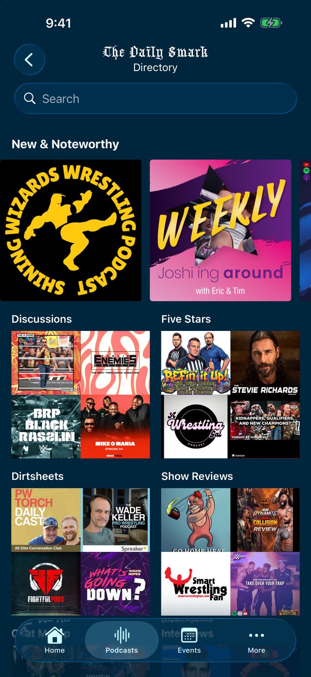 The Daily Smark podcast directory on iPhone and Android, with Shining Wizards Wrestling Podcast and Joshi'ing Around artwork under New & Noteworthy, above the Discussions, Five Stars, Dirtsheets, and Show Reviews categories.
