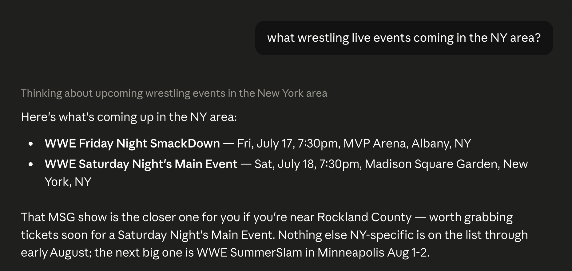 An AI assistant listing upcoming WWE live events in New York, including SmackDown in Albany and Saturday Night's Main Event at Madison Square Garden