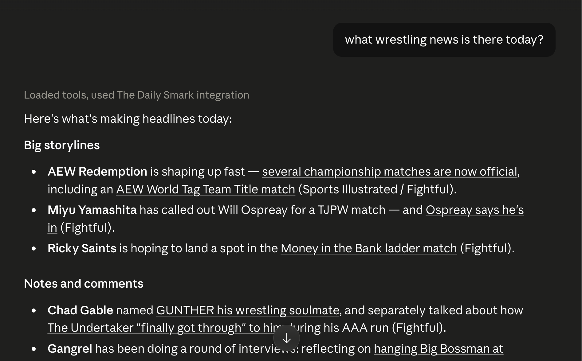 An AI assistant answering a question about today's wrestling news, with headlines credited to Sports Illustrated and Fightful